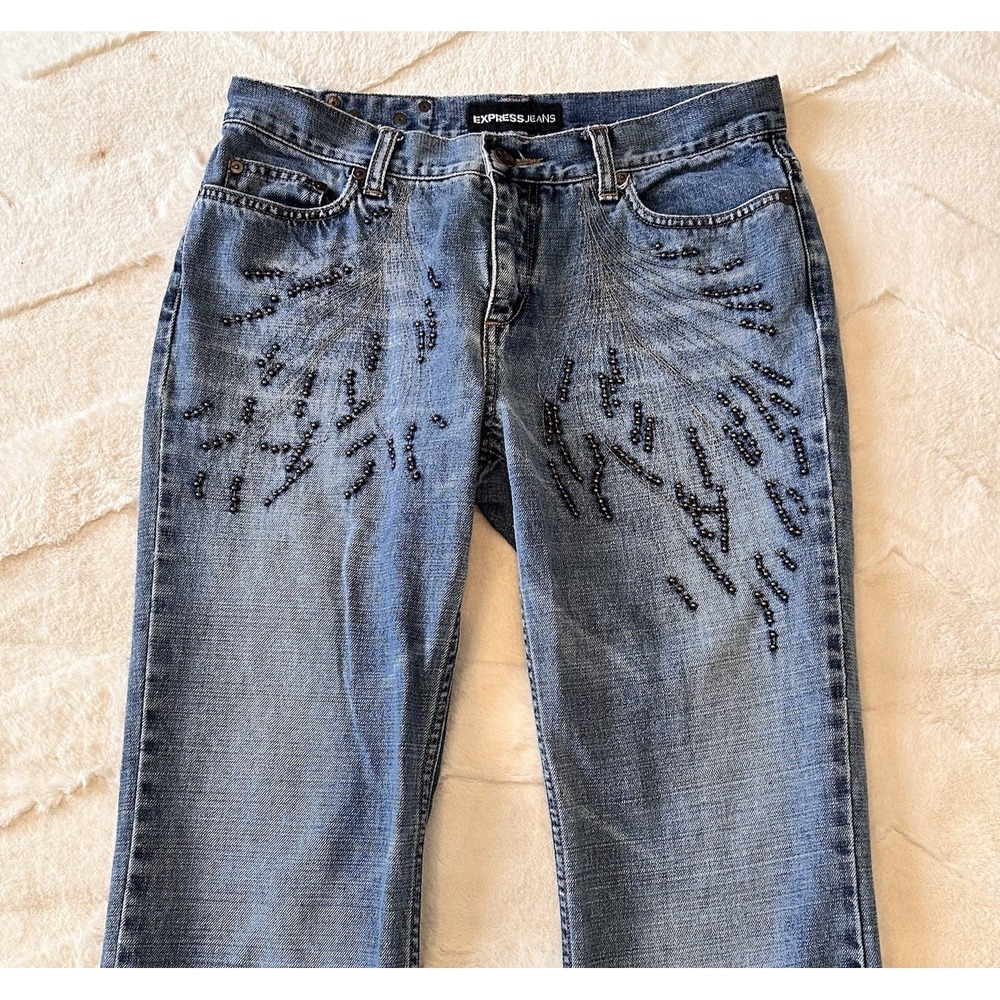 VTG Express Women's Jeans Sz 7 / 8 Denim Bronze Beads Mid Rise Bootcut Jeans Y2K - Picture 10 of 16